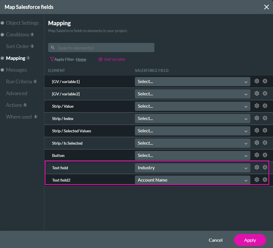 Screenshot of Map Salesforce Fields window displaying the Mapping tab 