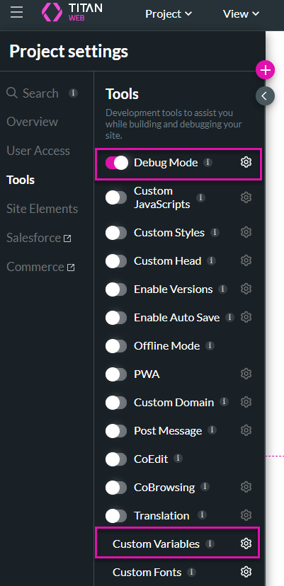 Screenshot of Titan project settings displaying how to enable debug mode and click on custom variables 