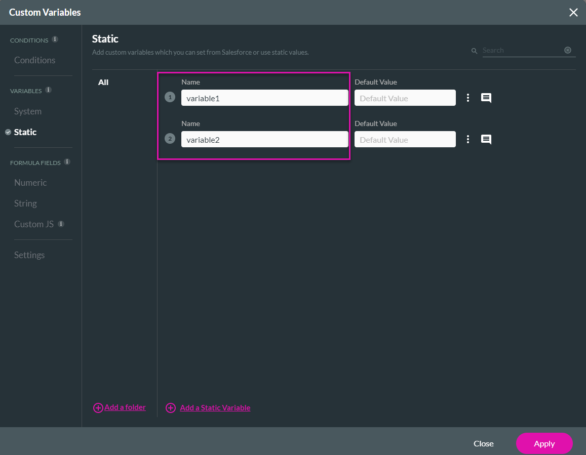 Screenshot of Custom Variable window displaying the static tab showing how to Add a Static Variable