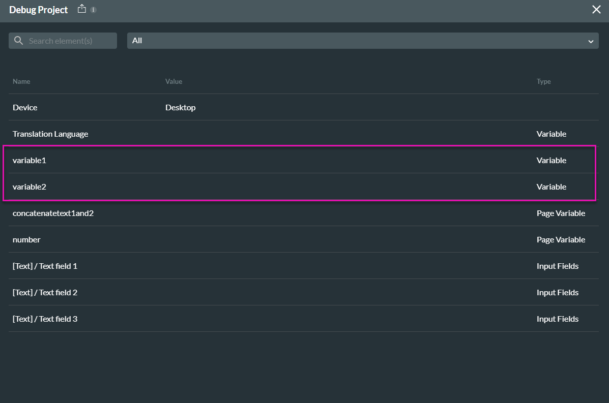 Screenshot of Debug Project window showing how to view your variables