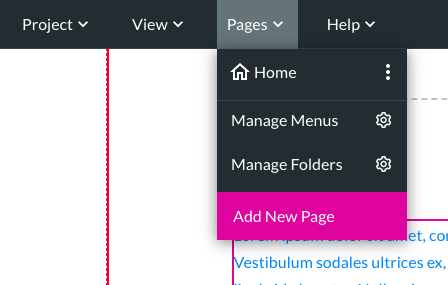 Screenshot showing the pages dropdown with the add new page option highlighted 