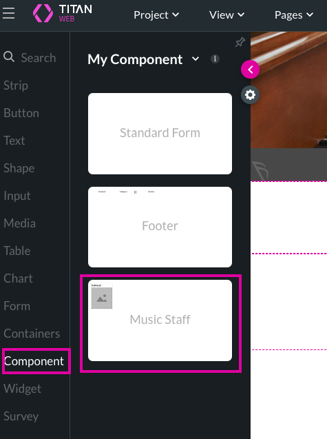 Screenshot showing adding component from the element menu list 