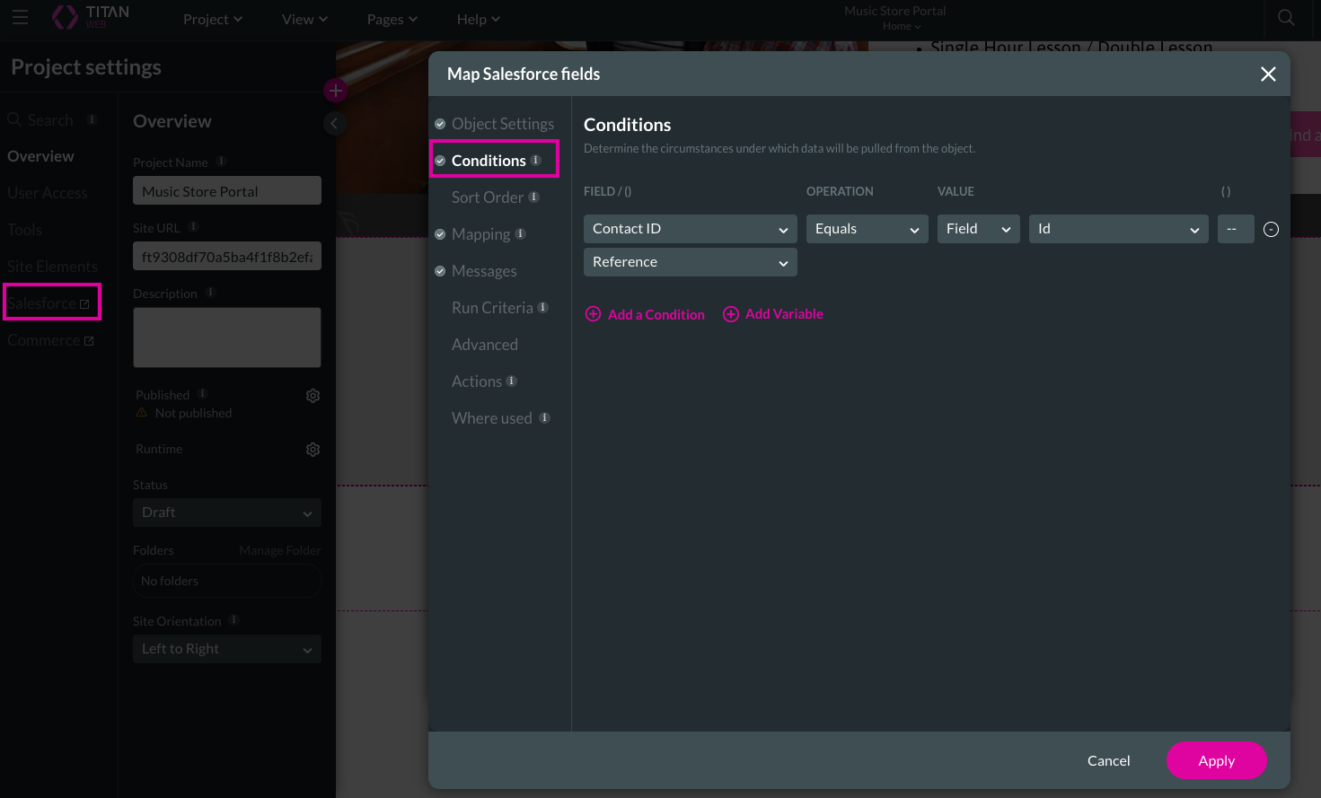 Screenshot of the map salesforce field window showing the conditions tab