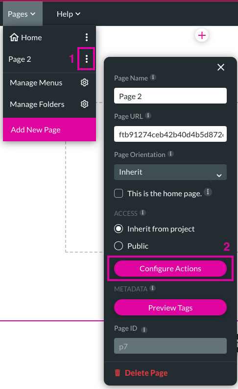 Screenshot of the expanded pages menu with the page 2 kebab menu expanded with configure actions highlighted 