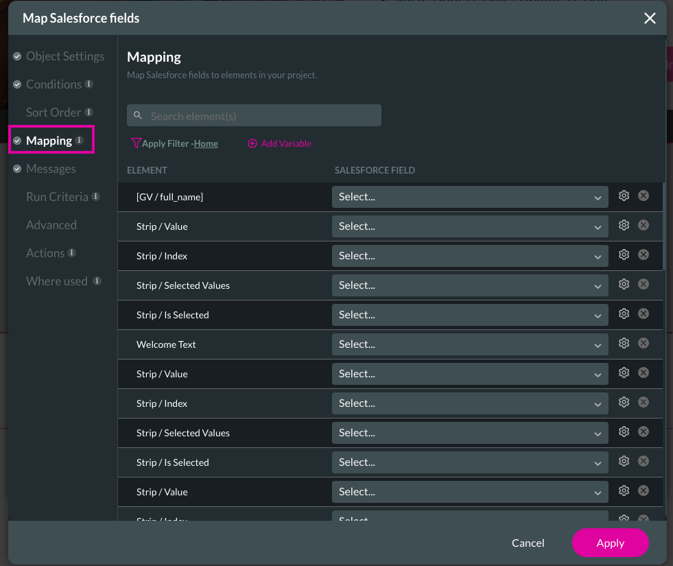 Screenshot of the Map Salesforce Fields window displaying the mapping tab 