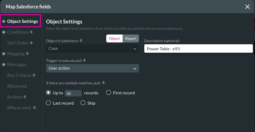 Screenshot of the Map Salesforce fields showing the object settings tab 