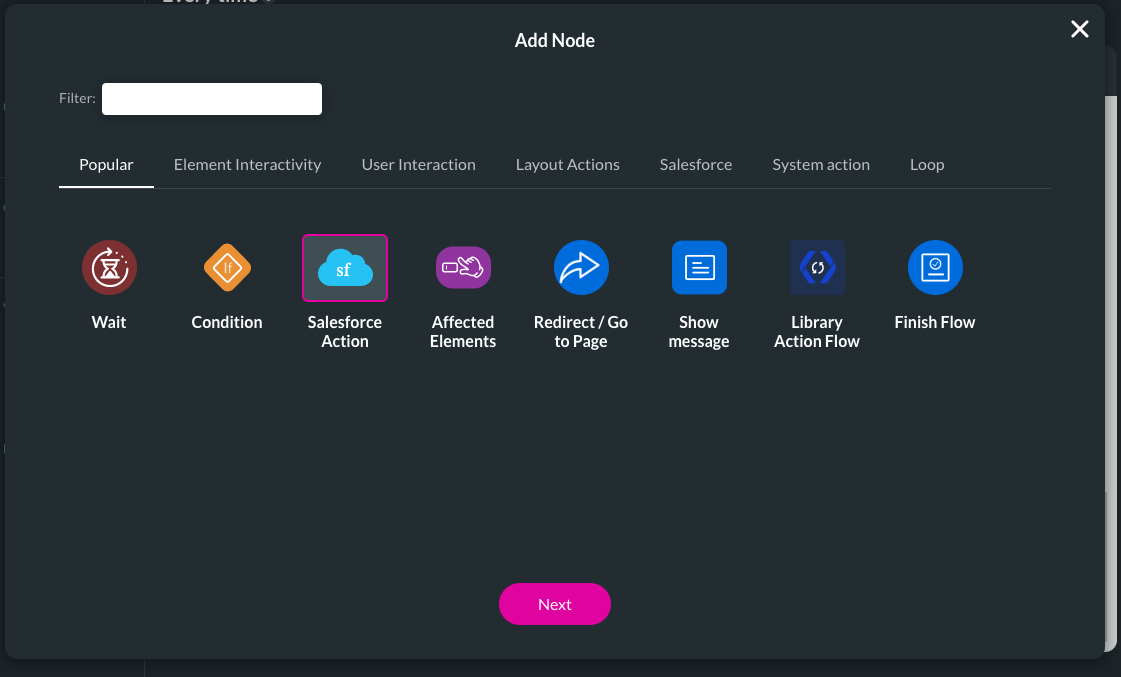 Screenshot of the add node window with the salesforce action node selected