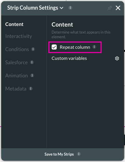 Screenshot of the strip column settings menu displaying the content tab showing how to enable the repeat column 