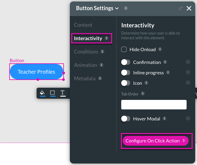 Screenshot of the button settings displaying the interactivity tab with the configure on click actions highlighted 