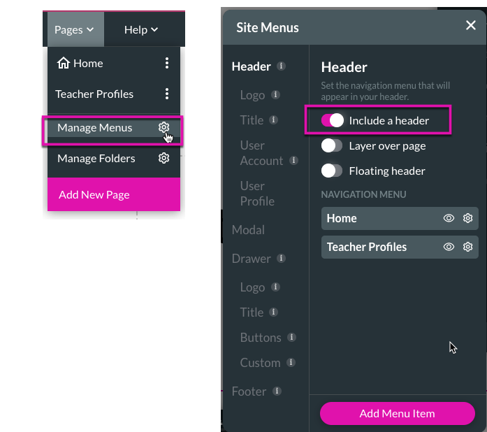 Screenshot showing the site menus window displaying how to enable include a header