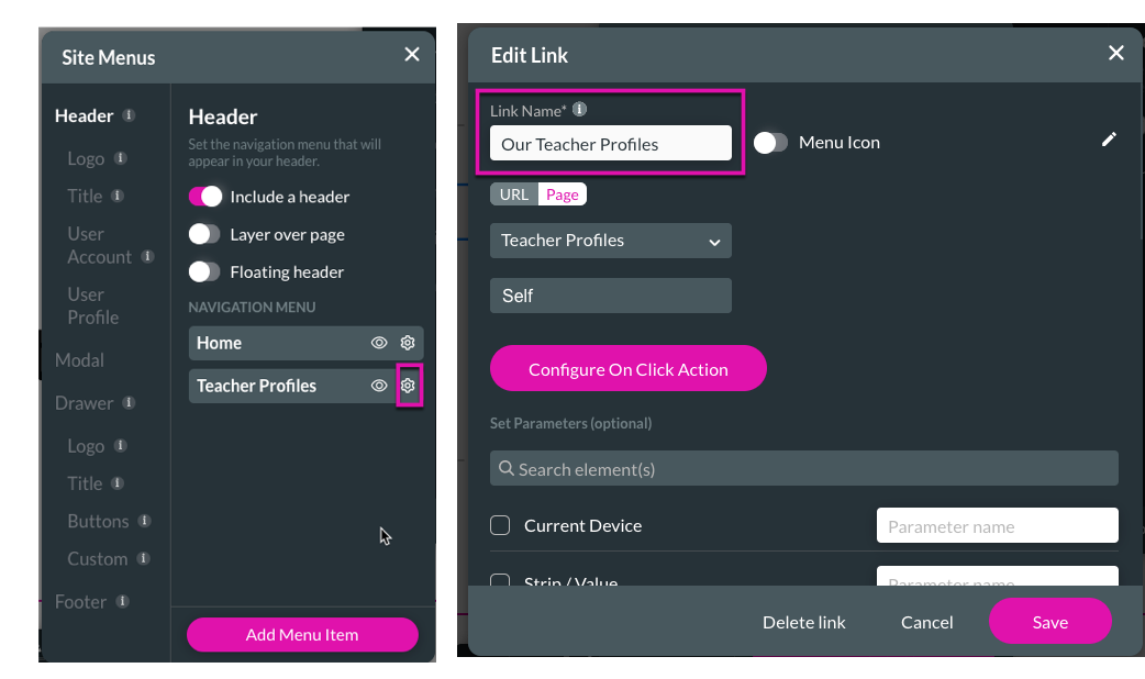 Screenshot showing the site menus window displaying how to rename header 