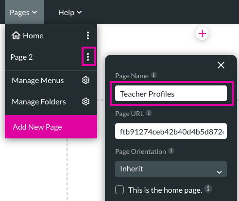 Screenshot of the expanded pages dropdown displaying how to rename a page 