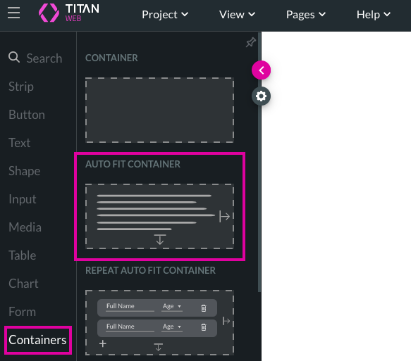 Screenshot of the element menu showing the autofit container element 