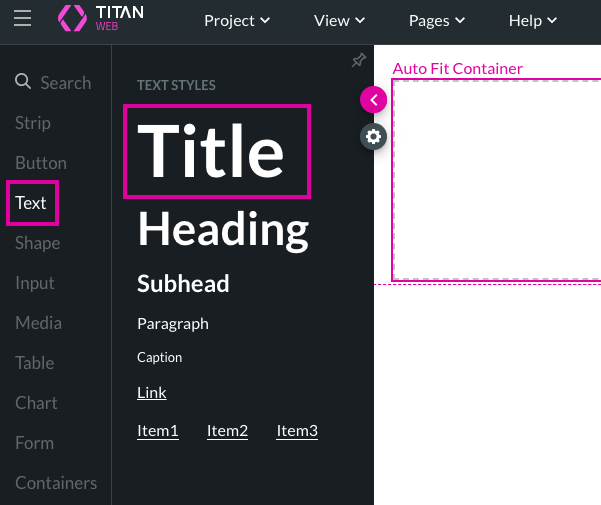 Screenshot of the element menu showing the title text element 