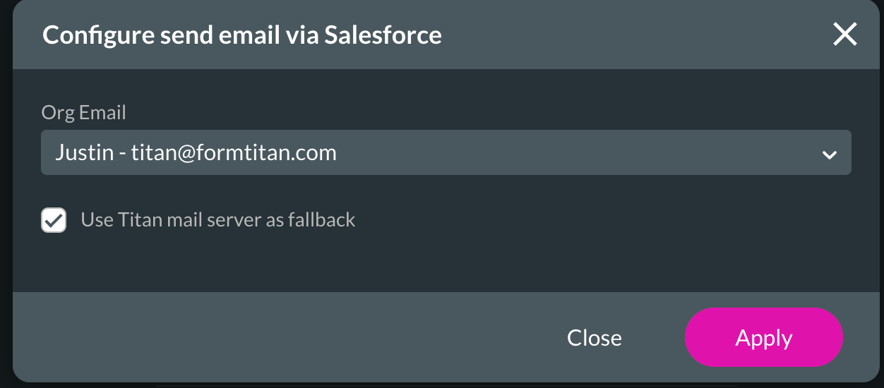 Screenshot of the configure send email via salesforce window 