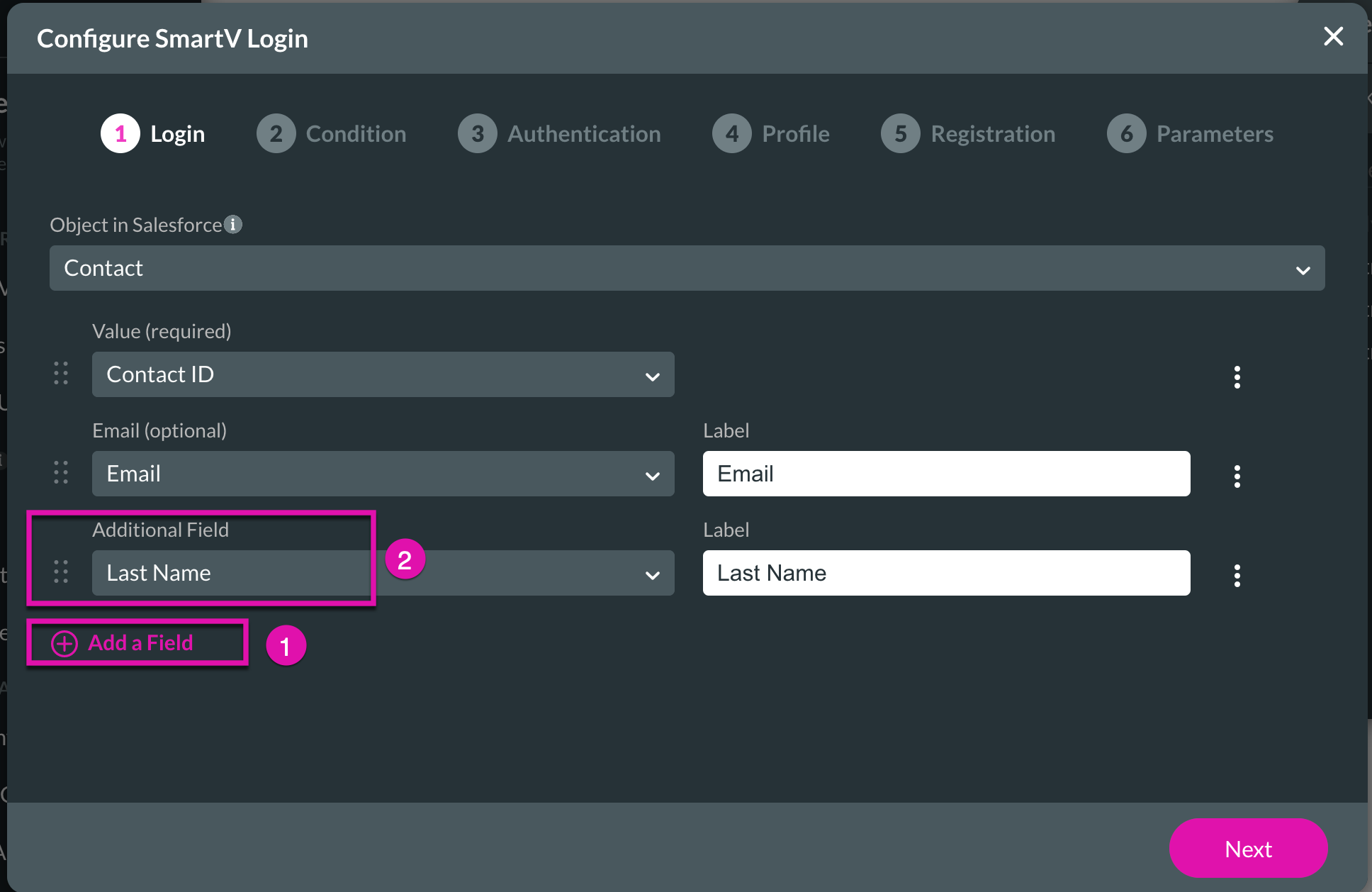 Screenshot showing how to add the additional field login