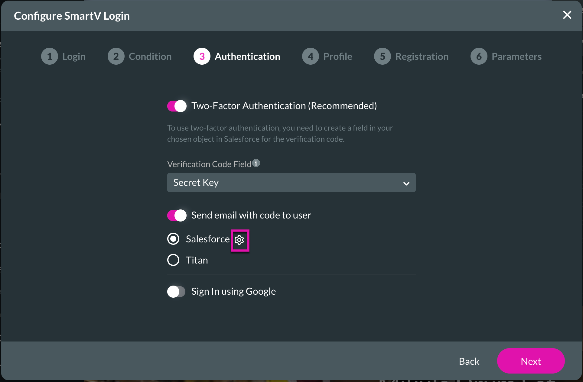 Screenshot of the Configure SmartV Login window displaying the authentication for salesforce step 