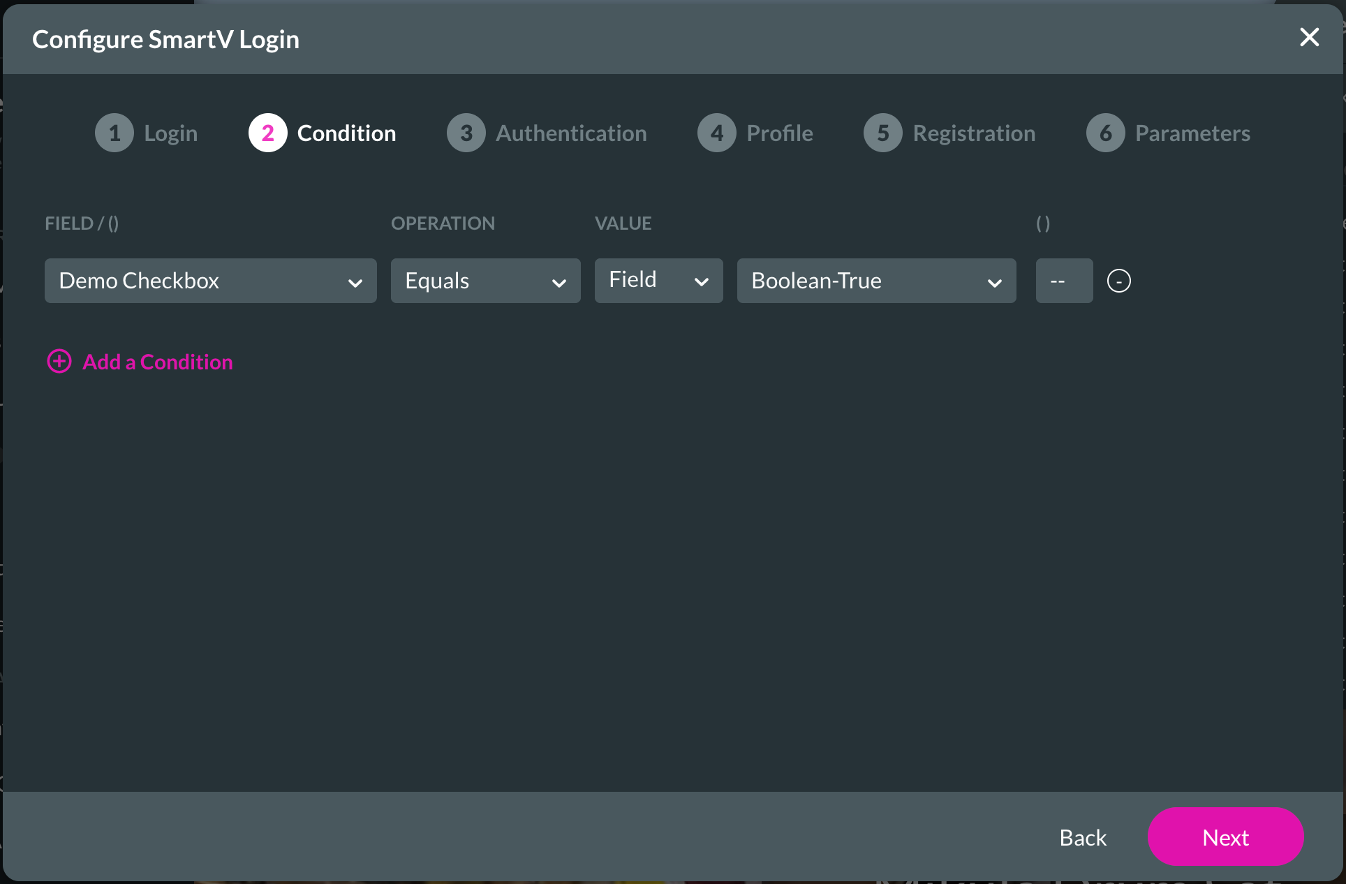 Screenshot of the Configure SmartV Login window displaying the condition step 