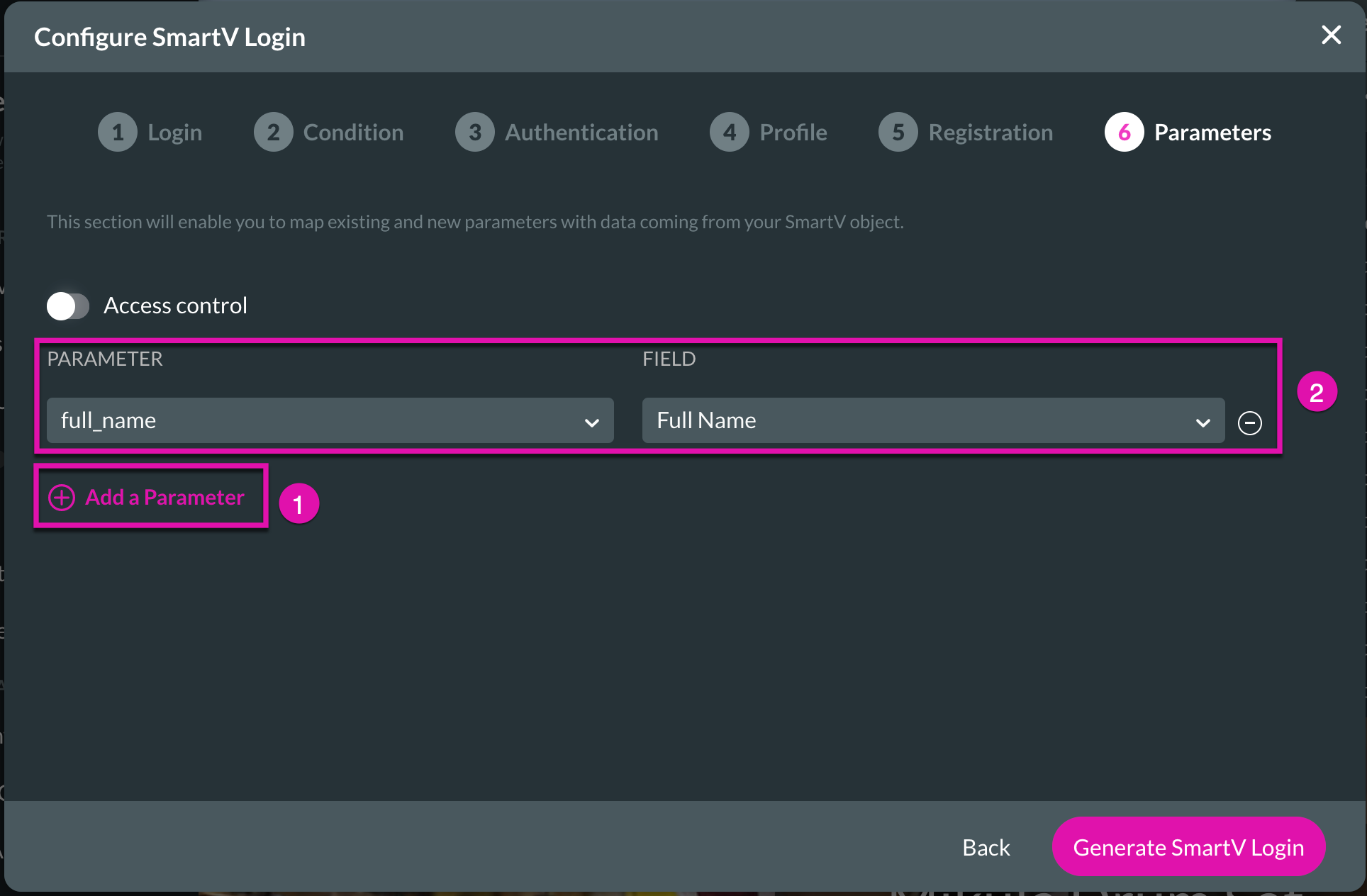 Screenshot of the Configure SmartV Login window displaying the Parameters step 