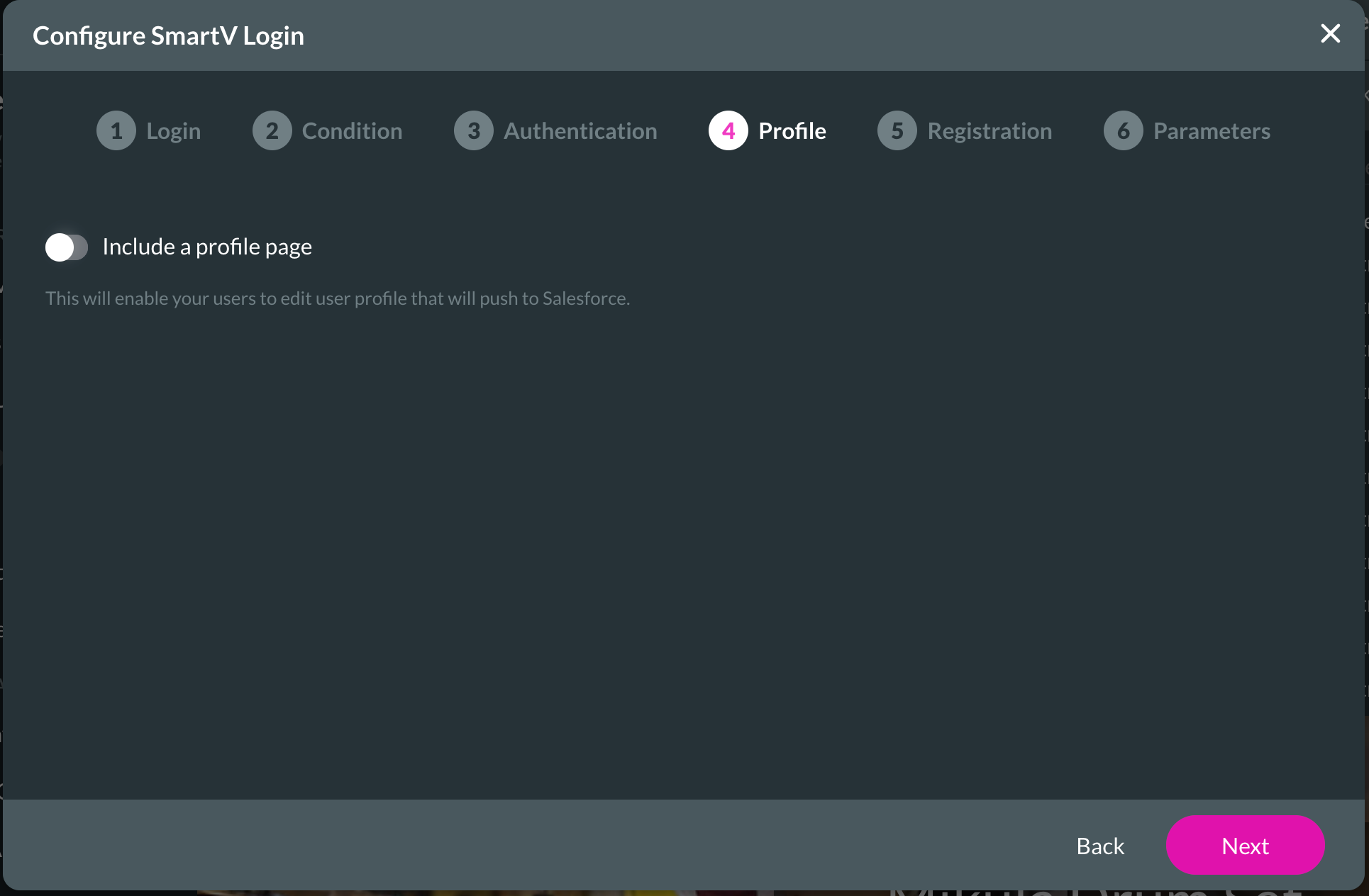 Screenshot of the configure SmartV login window displaying the profile step 