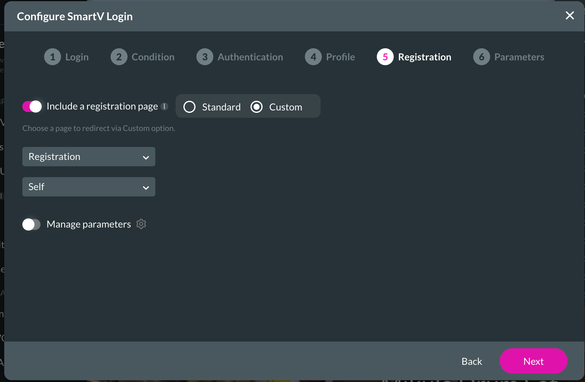 Screenshot of Configure SmartV Login displaying the Registration step 