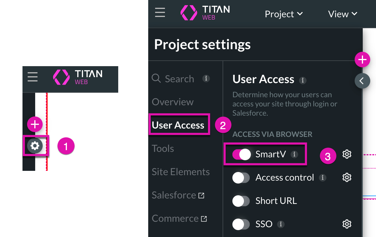 Screenshot of the Titan project settings displaying the user access tab showing how to enable smart v 