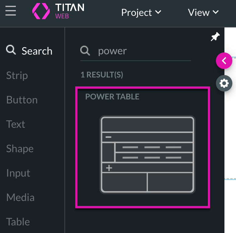 Screenshot showing the power table element in the element menu 