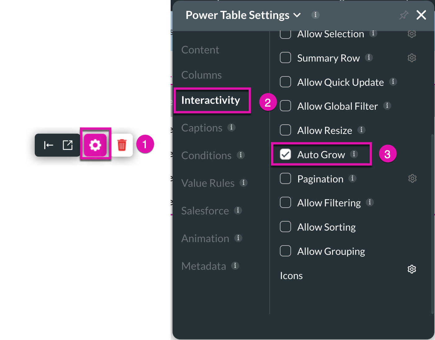 Screenshot of the Power Table Settings menu displaying the Interactivity tab 