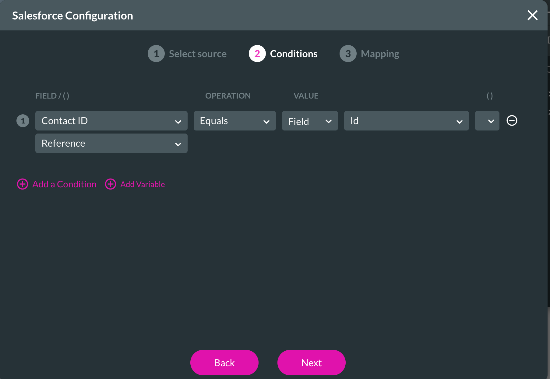 Screenshot of the Salesforce Configuration window displaying the Conditions step 