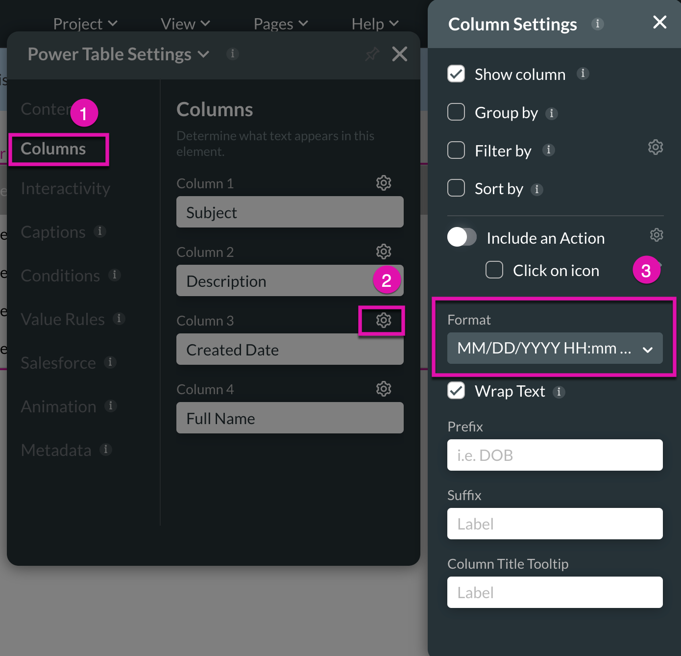 Screenshot showing the Power Table settings menu displaying how to update the date formatting for a power table 