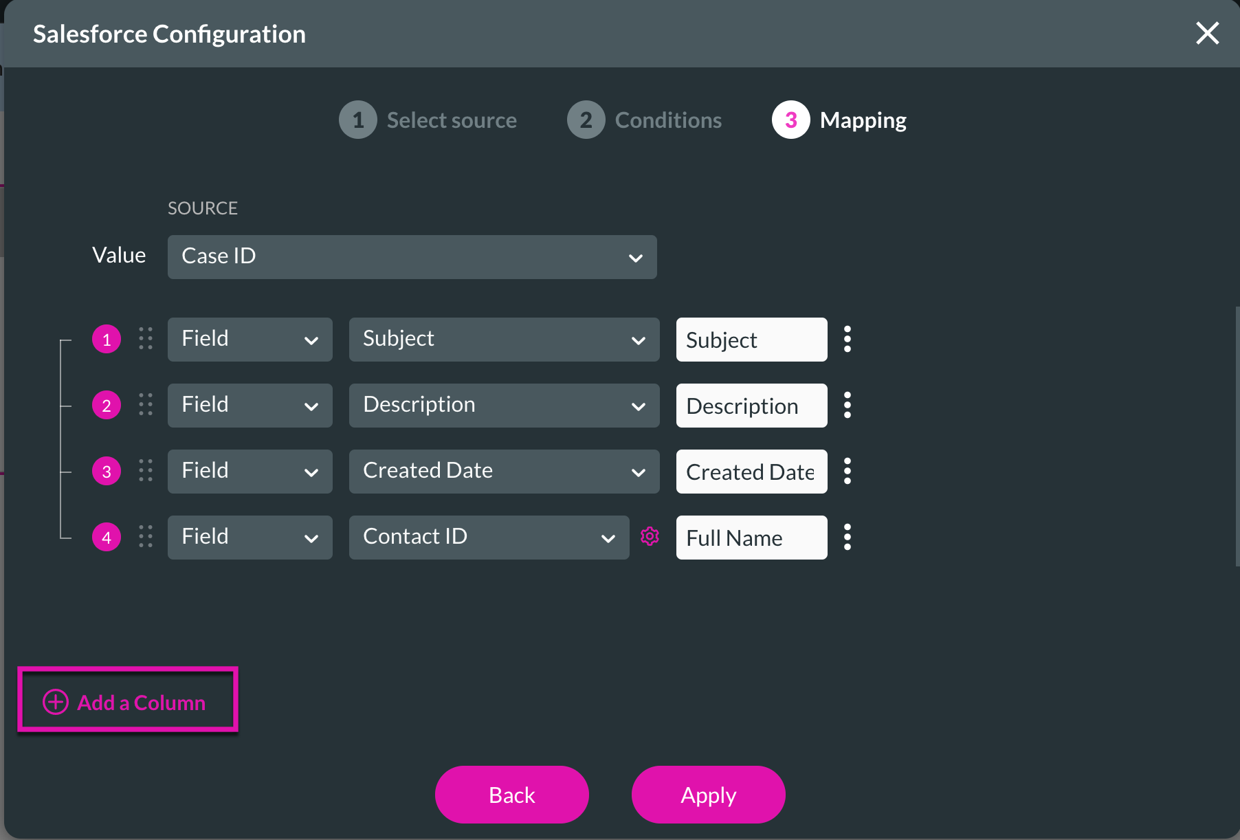 Screenshot of the Salesforce Configuration window displaying the Mapping step 