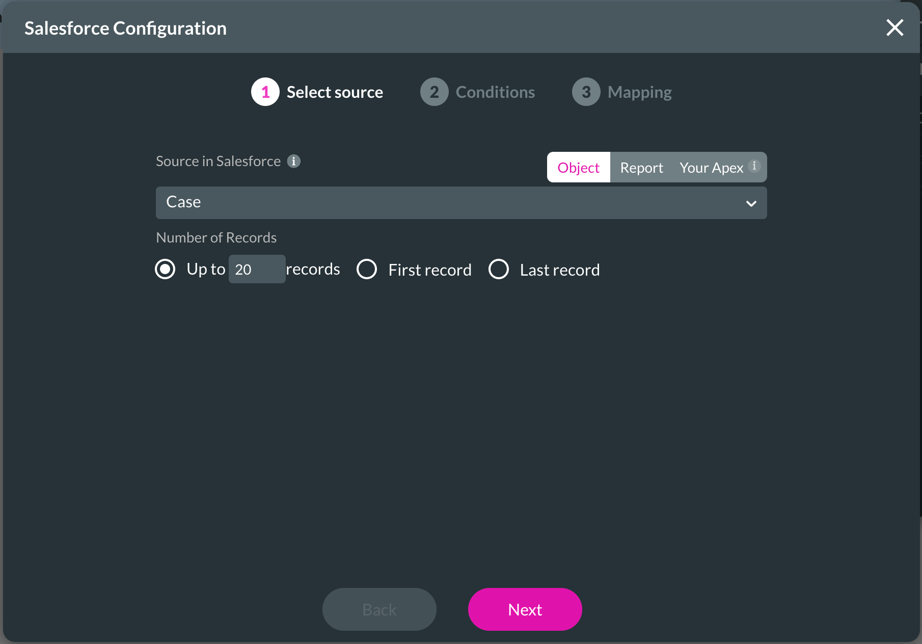 Screenshot of Salesforce configuration window displaying the select source window 