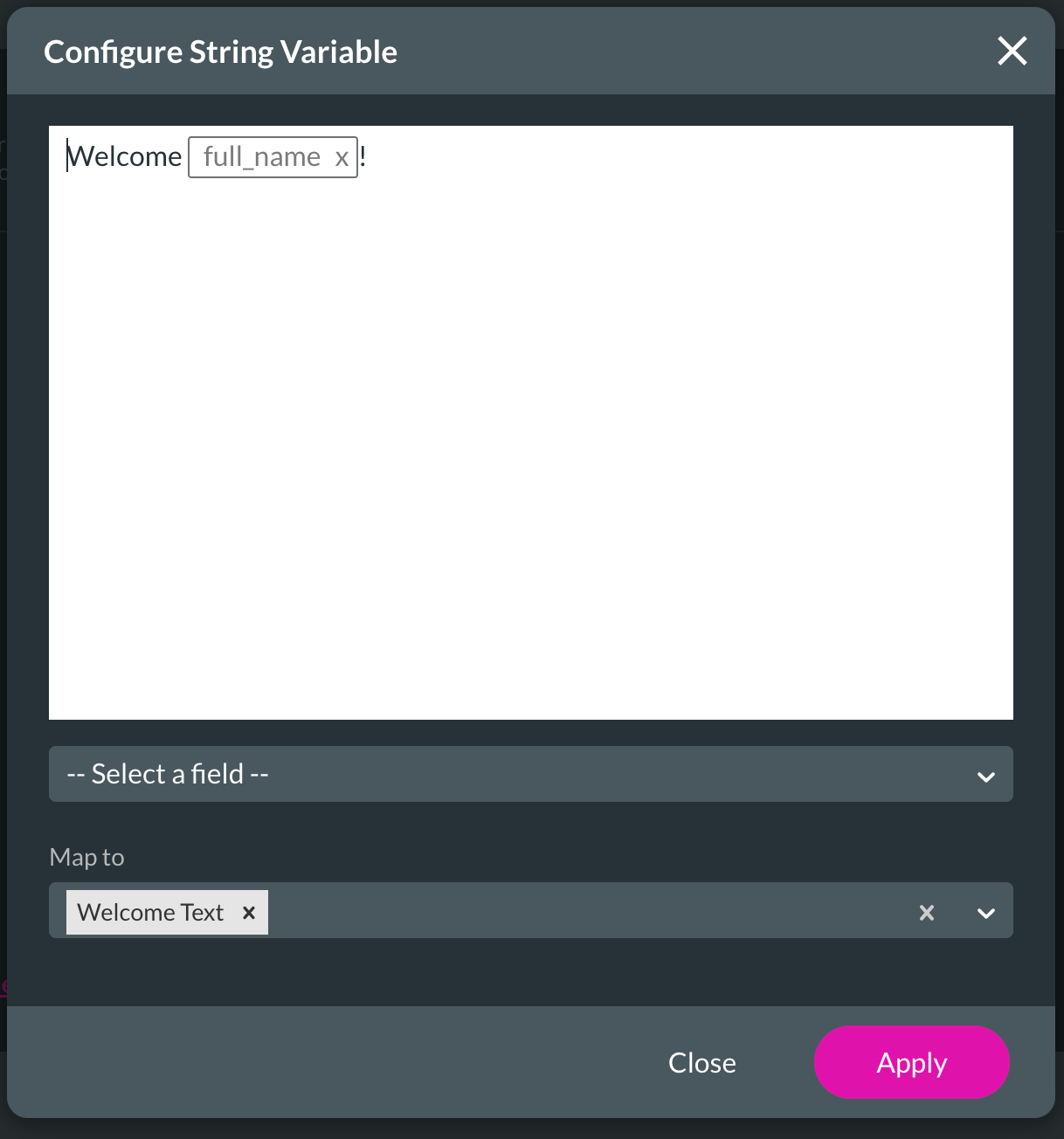 Screenshot of the configure string variable window 