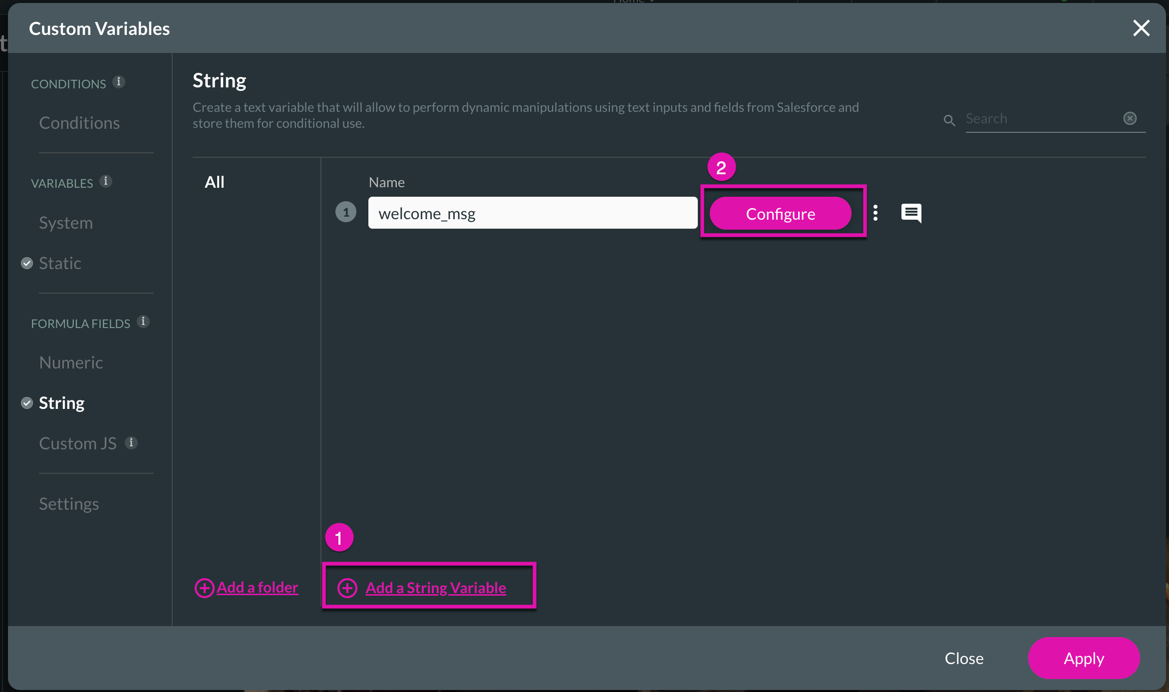 Screenshot of the Custom Variables window displaying the string variables tab 