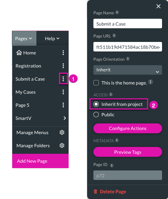 Screenshot showing how a page can inherit permissions from the project 