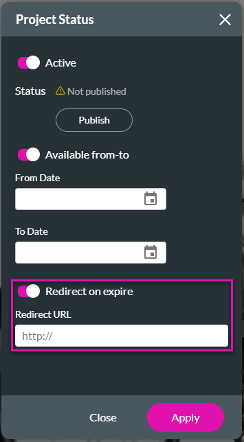 project status window showing how to set a redirect custom URL 