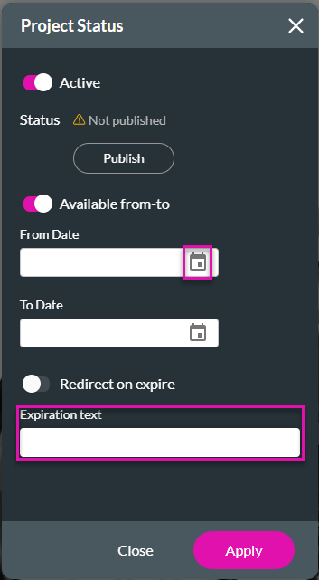 Project status window showing how to set expiration text 