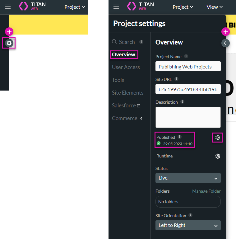 Screenshot showing the Published date and time of the project in the project settings 