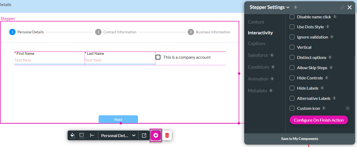 Screenshot showing the stepper element with the stepper settings menu 