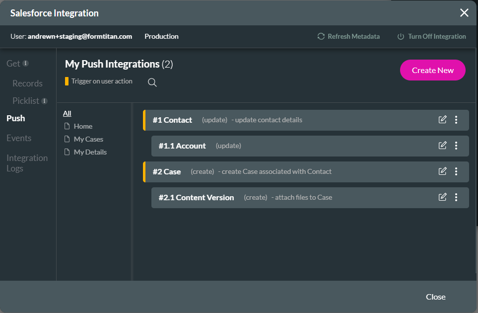 Screenshot of the Salesforce Integrationwidnow showing the Push tab 