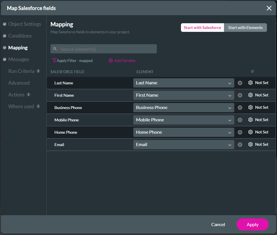 Screenshot of the Map Salesforce fields window showing the Mapping tab 