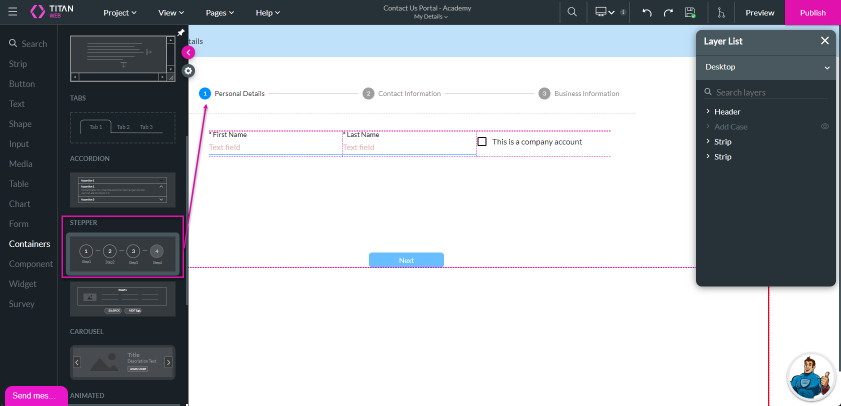 Screenshot displaying the stepper element located in the containers tab 