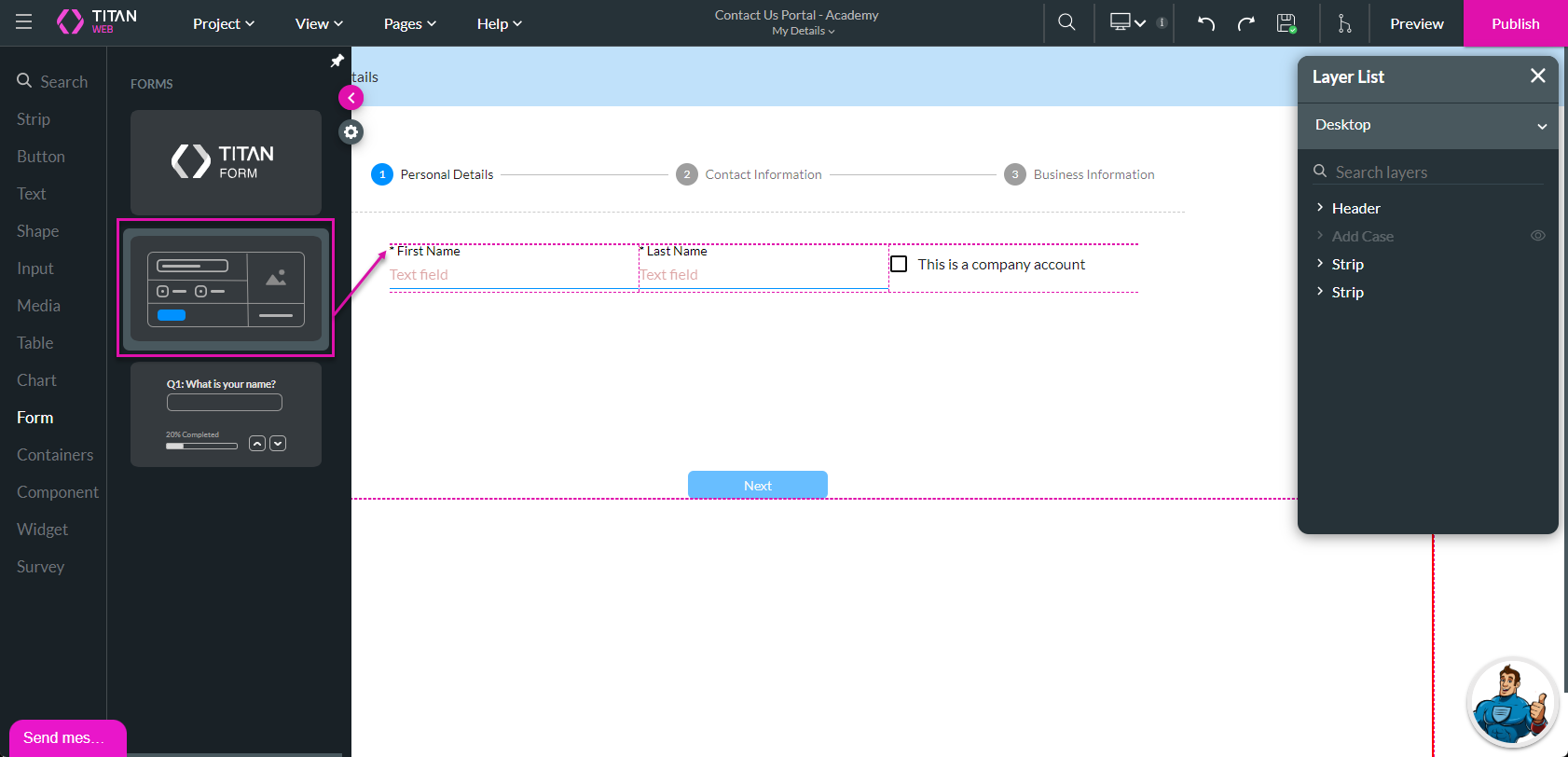 Screenshot showing elements added to the stepper element 