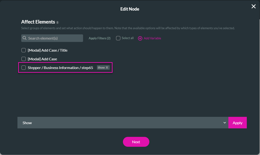 Screenshot of the Edit Node window showing the Affected Elements configuration 