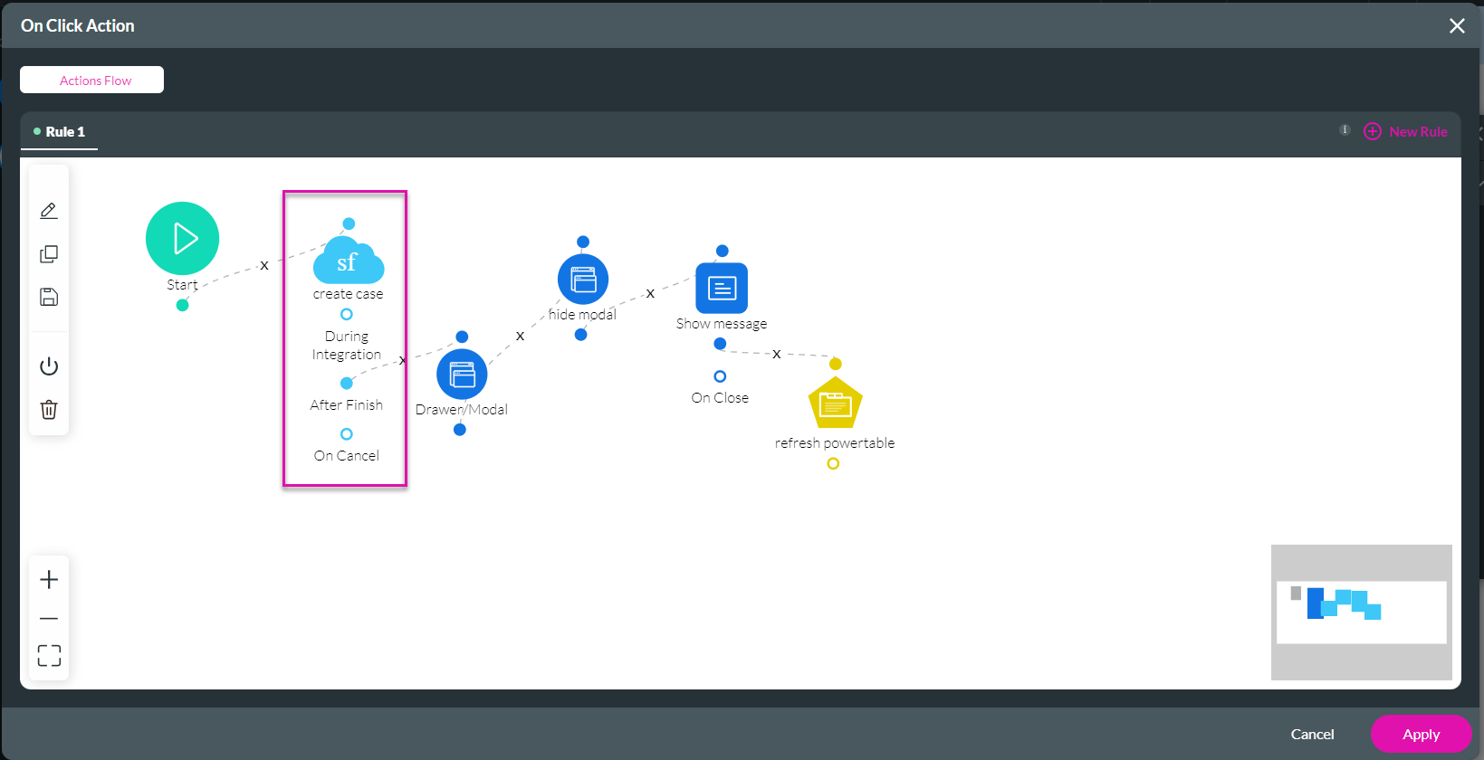 Screenshot of the on click action window displaying the salesforce action configuration 