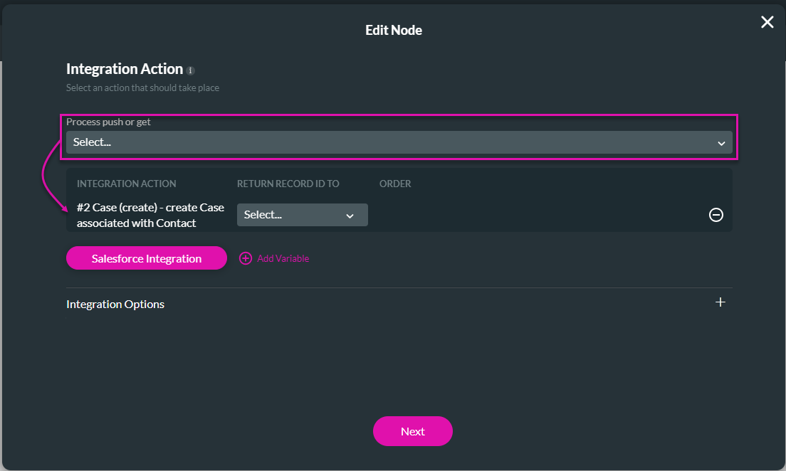 Screenshot showing the Edit Node screen with the Integration Action dropdown highlighted 