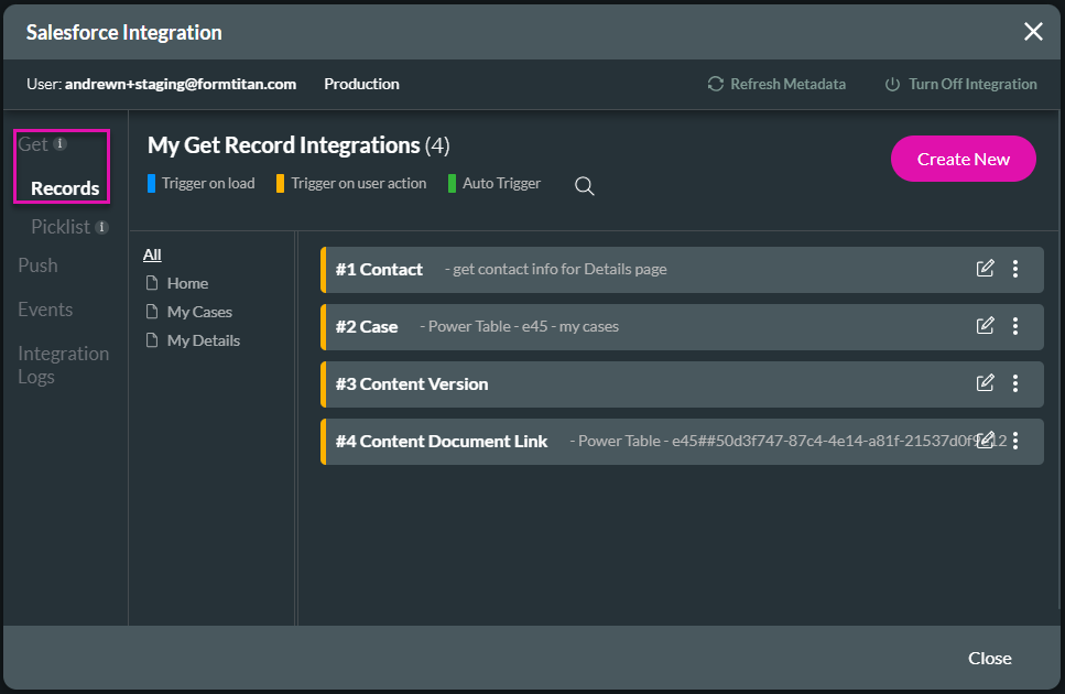 Screenshot fo the Salesforce Integration window showing the Get Records tab 