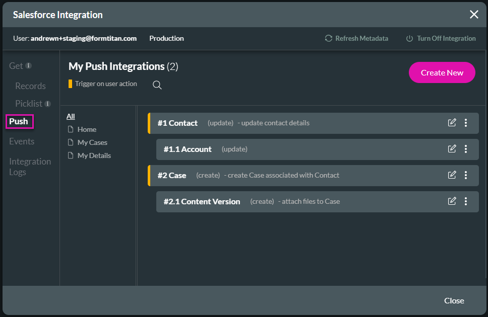 Screenshot of the Salesforce Integration window showing the push tab 