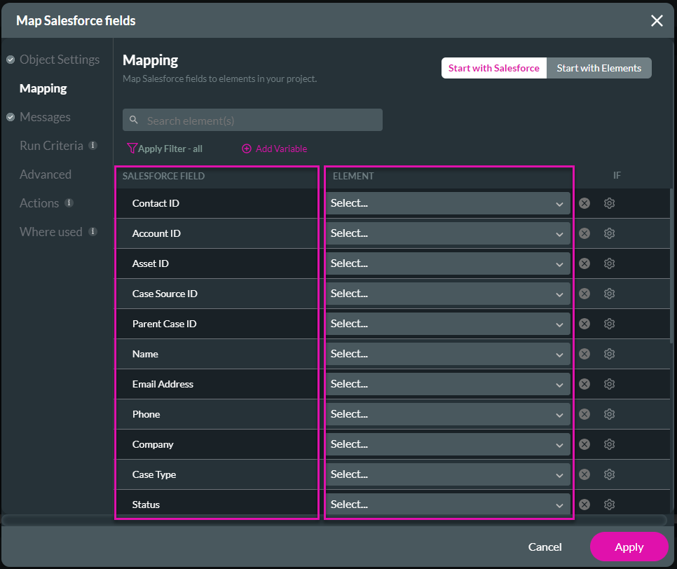 Screenshot of the Map Salesforce Fields window showing the Mapping tab 