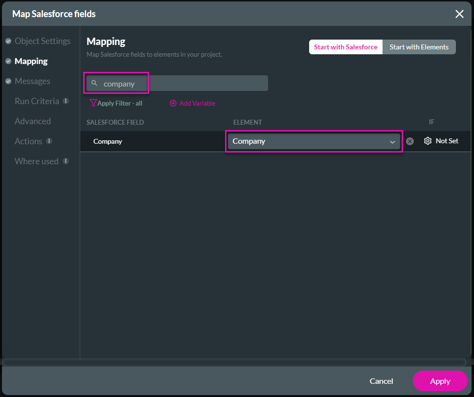 Screenshot of Map Salesforce Fields window showing Mapping tab with the Company field displayed 